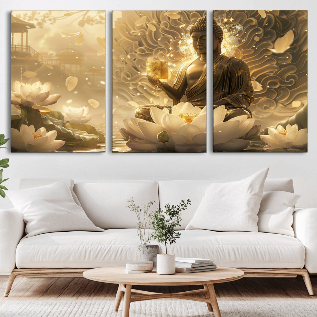 Golden Buddha Wall Art, Yoga and Meditation Room Decor | Extra Large 3 Piece Canvas Wall Art