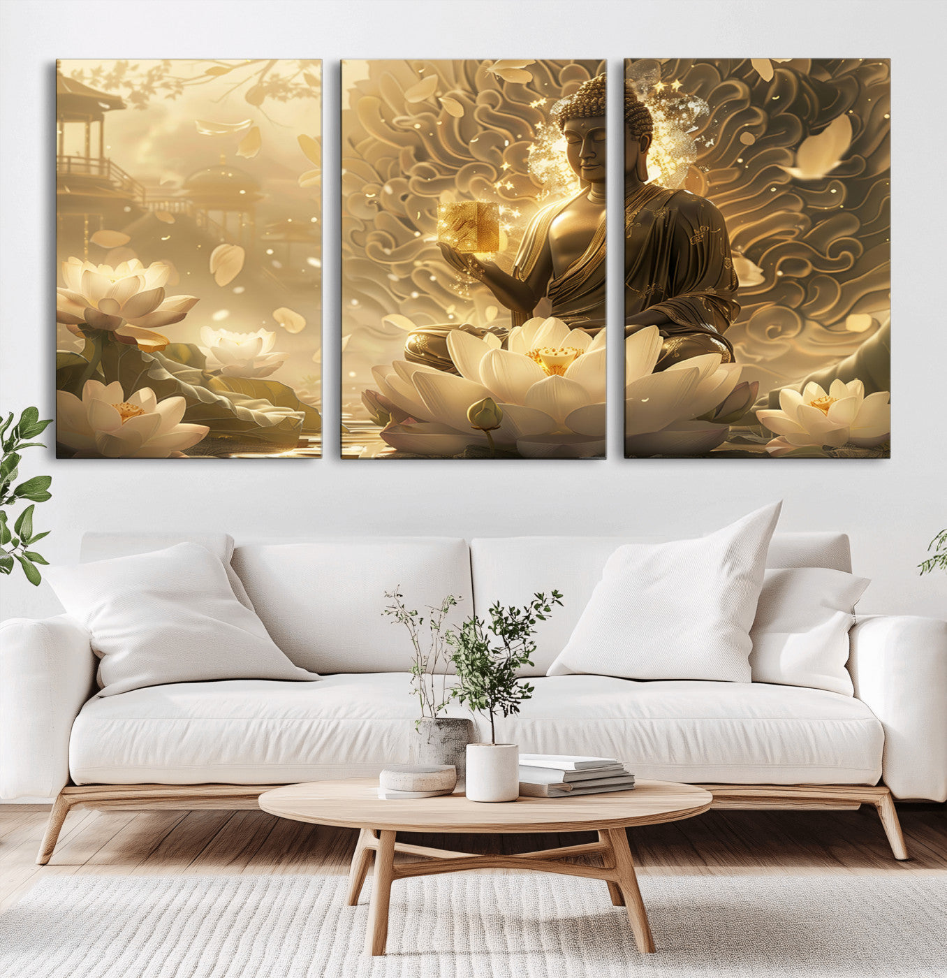 MGV-CV-60X30-3P - Golden Buddha Wall Art | Yoga Room Decor and Meditation Room Wall Art | Framed and Ready to Hang