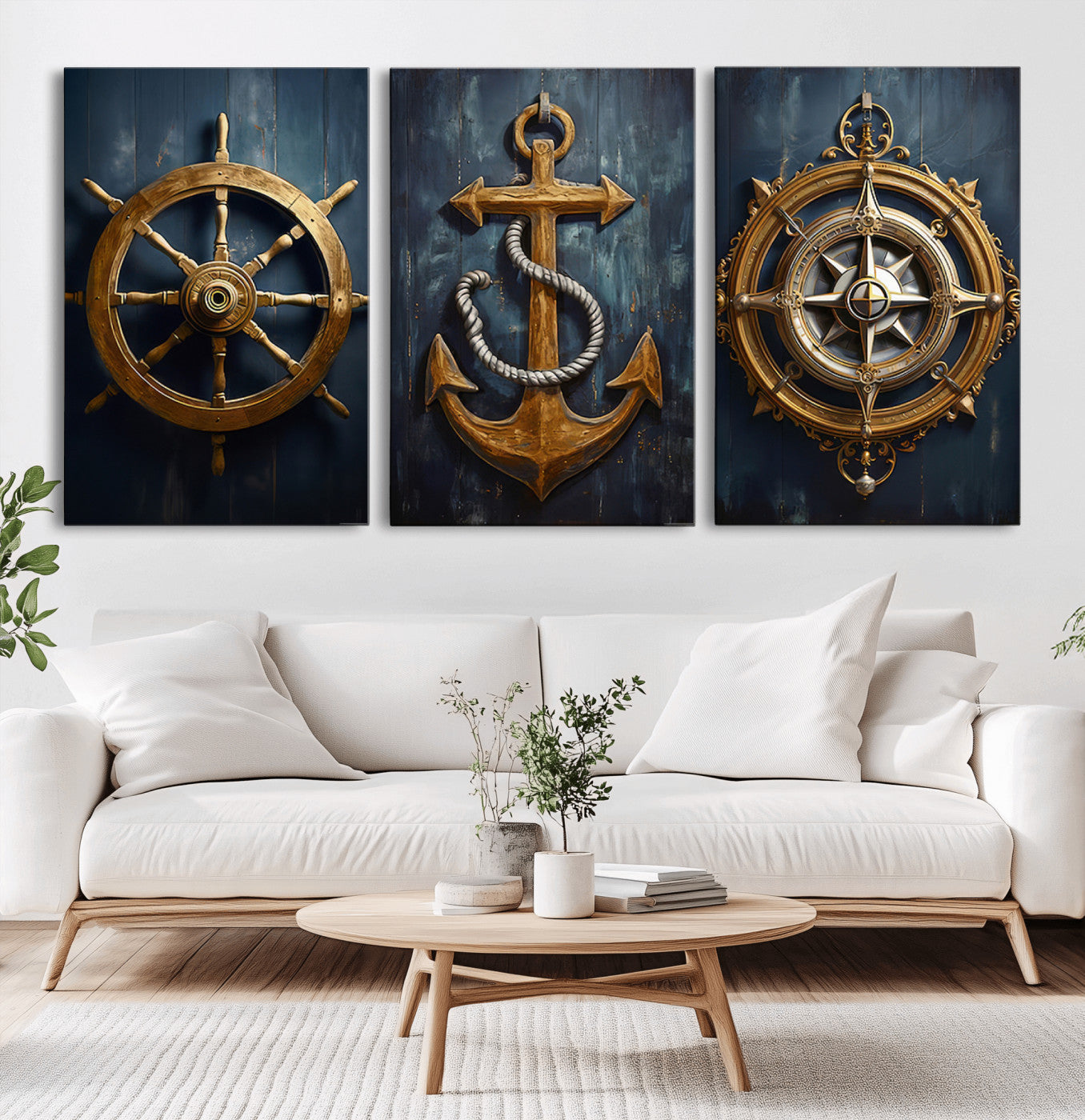 MGV-CV-60X30-3P - Boat Anchor Compass With Rope Wall Art Canvas Print | Beach House Wall Art
