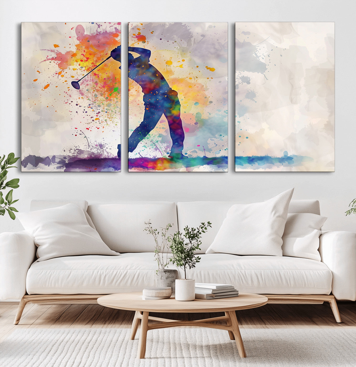 MGV-CV-60X30-3P - Watercolor Golf Swing Wall Art Canvas Print | Vibrant Abstract Golf Player Silhouette |