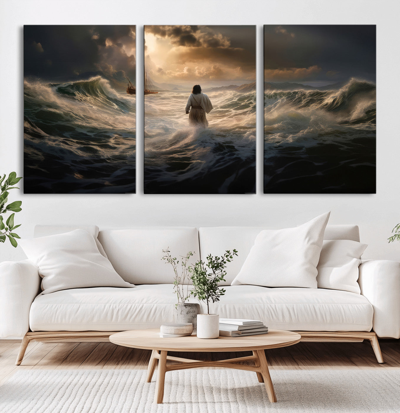 MGV-CV-60X30-3P - Jesus Walking on Water Wall Art Canvas Print - Religious Spiritual Decor - Jesus Wall Art Canvas
