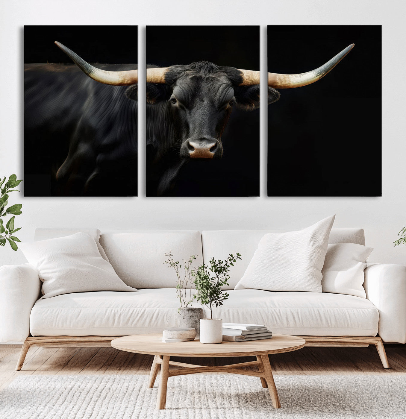 MGV-CV-60X30-3P - Texas Longhorn Cow | Majestic Black Bull Wall Art Canvas Print - Farmhouse Animal Decor - Ready to