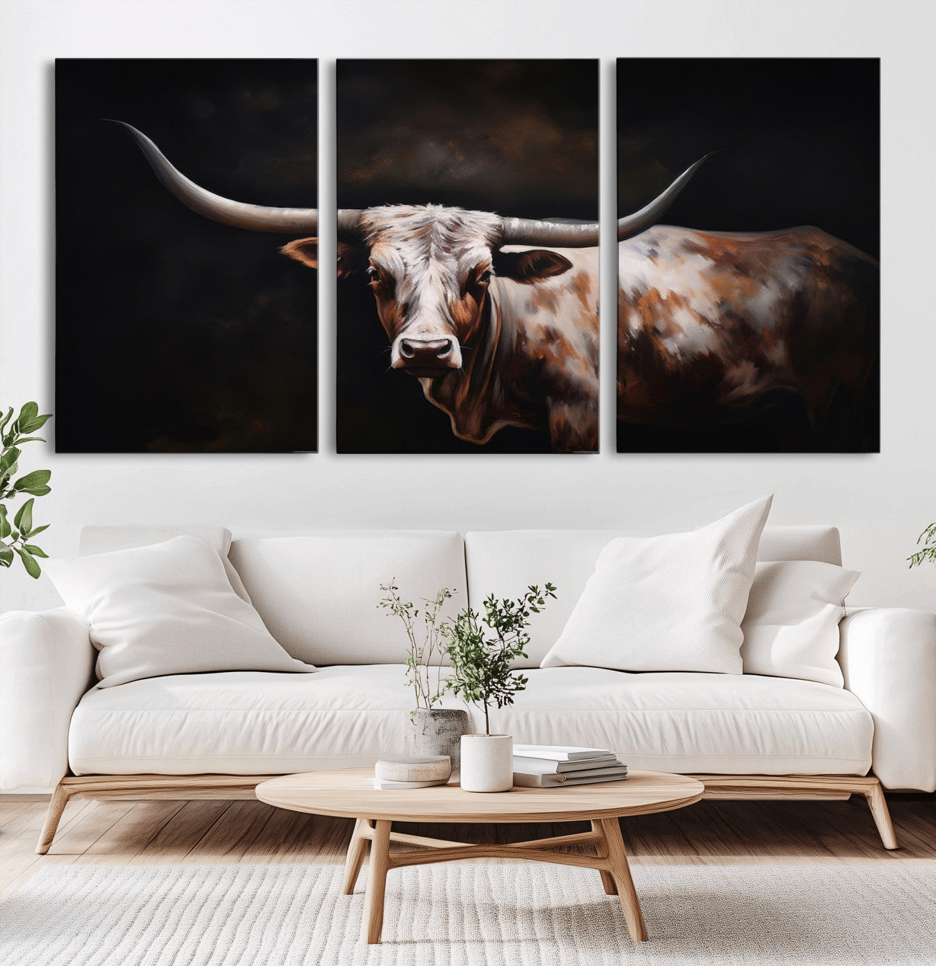 MGV-CV-60X30-3P - Texas Longhorn Wall Art Canvas Print | Western Ranch Decor | Bold Rustic Cattle Artwork | Ready to