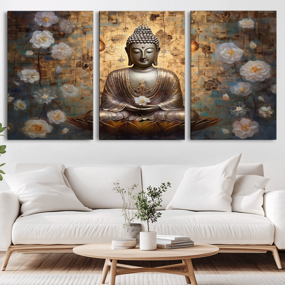 Golden Buddha Wall Art Canvas Print, Zen Meditation Floral Decor | Extra Large 3 Piece Canvas Wall Art