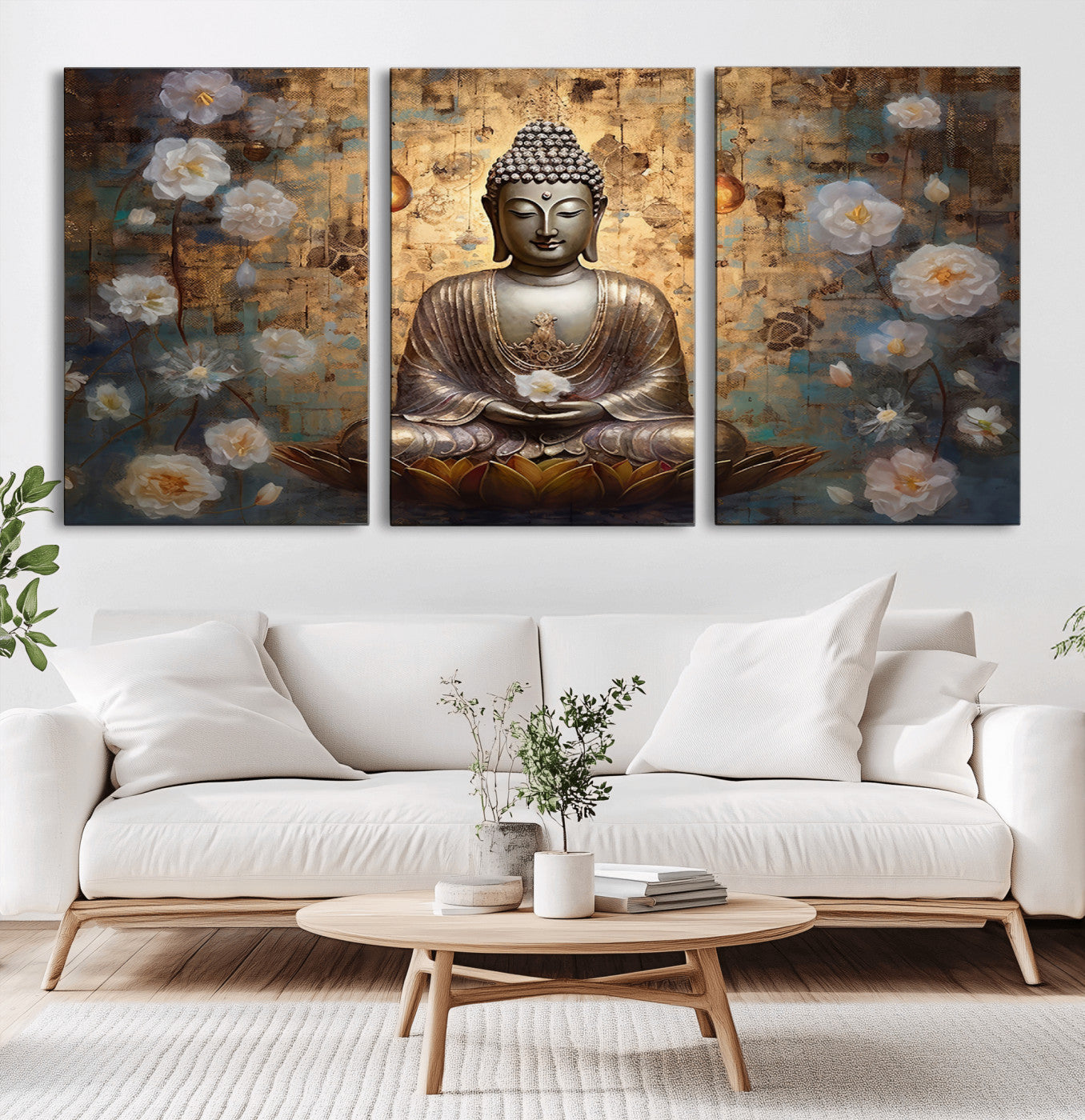 MGV-CV-60X30-3P - Golden Buddha Wall Art Canvas Print | Zen Meditation Floral Decor | Tranquil Spiritual Home Art |