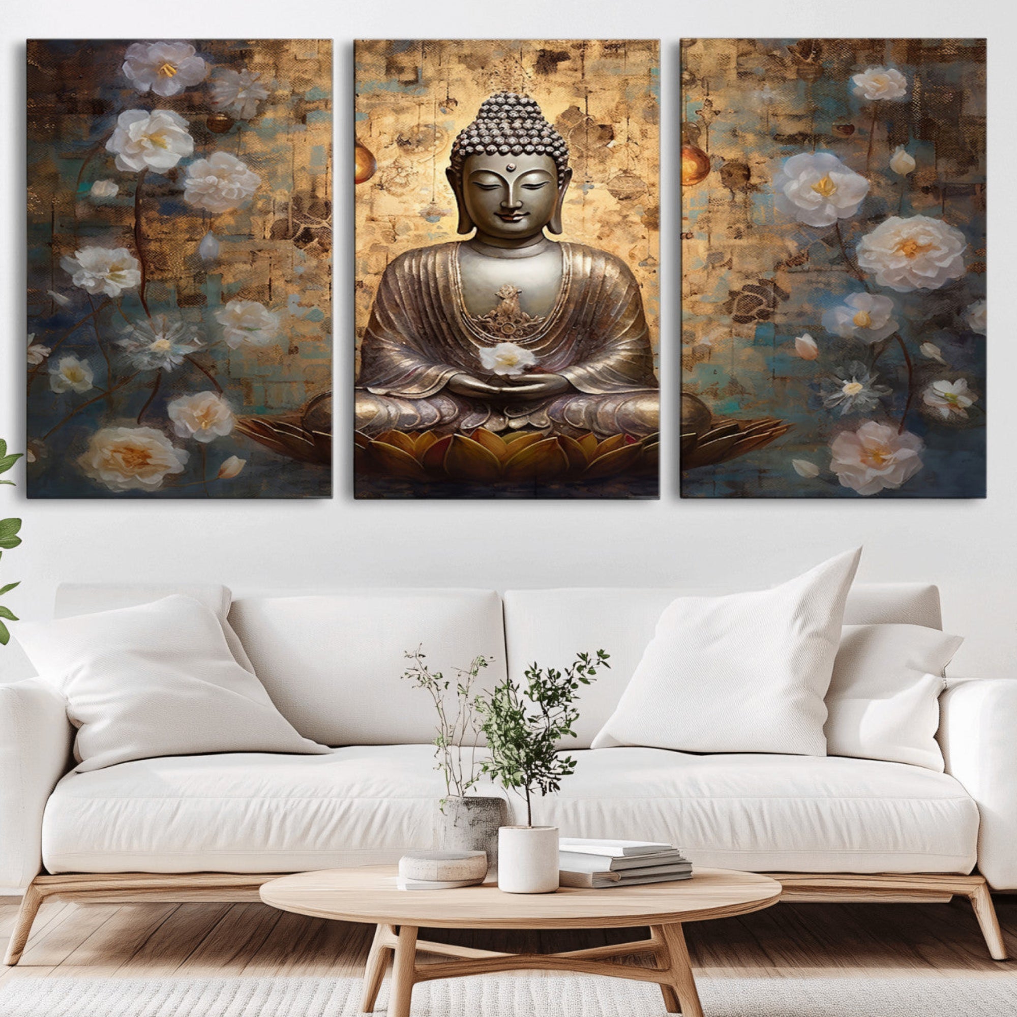 59678-MGV-CV-36X24-Golden Buddha Wall Art Canvas Print | Zen Meditation Floral Decor | Tranquil Spiritual Home Art |