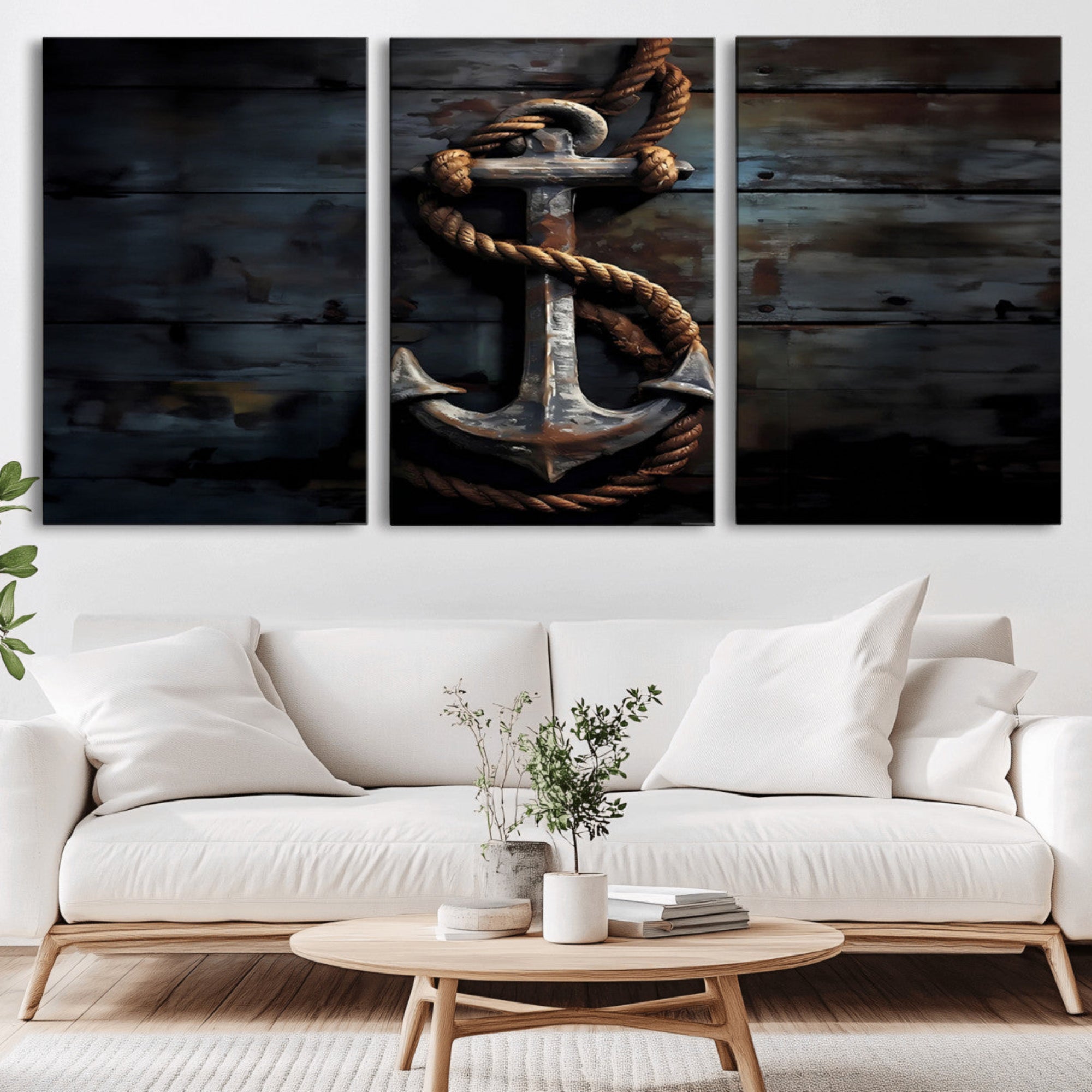 20984-MGV-CV-36X24-3 Panel Grunge Abstract Anchor Wall Art Canvas Print Set