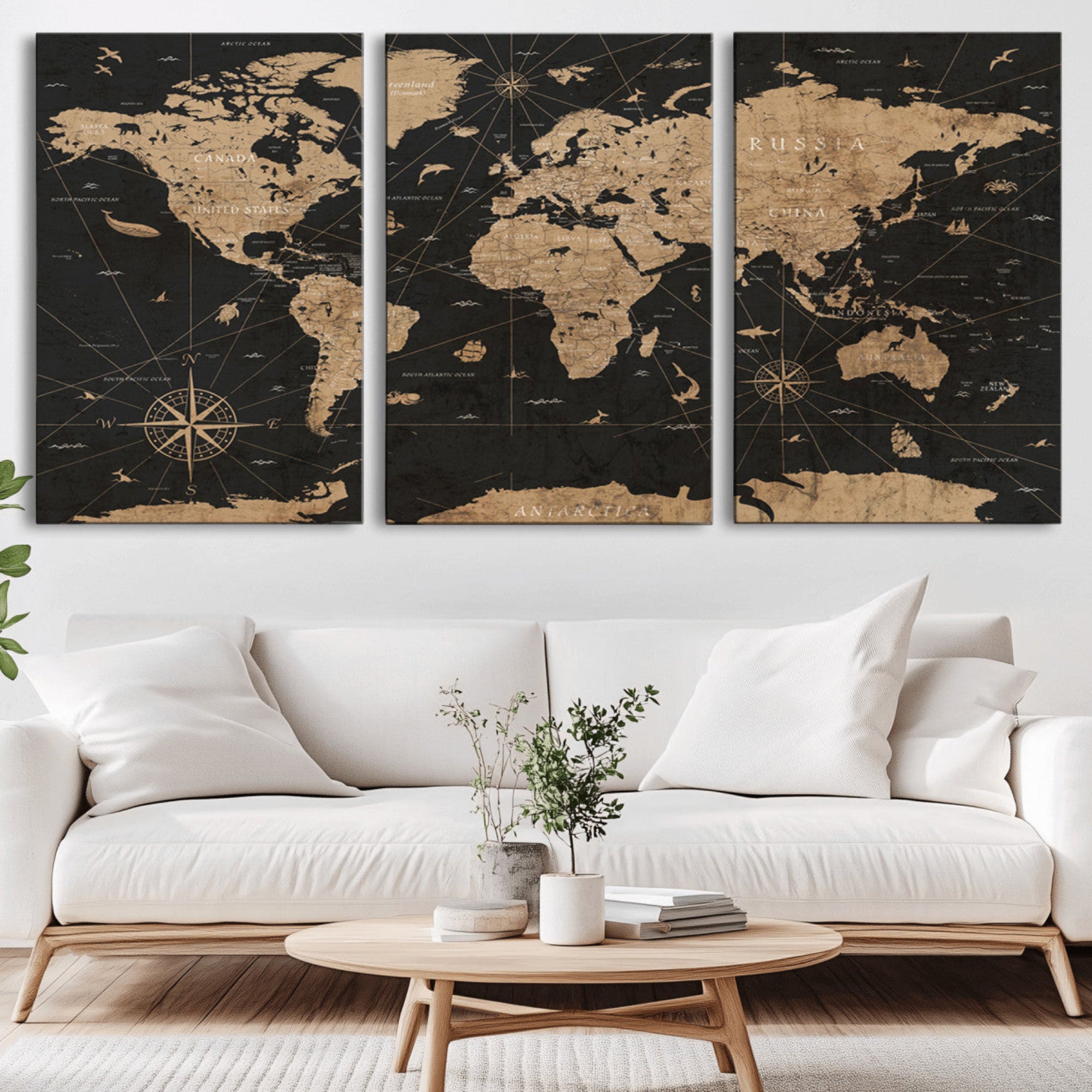 61023-MGV-CV-36X24-Vintage Push Pin World Map Canvas Print – Framed Travel Tracker Wall Art, Rustic Adventure Map Gift for Home or Office Decor