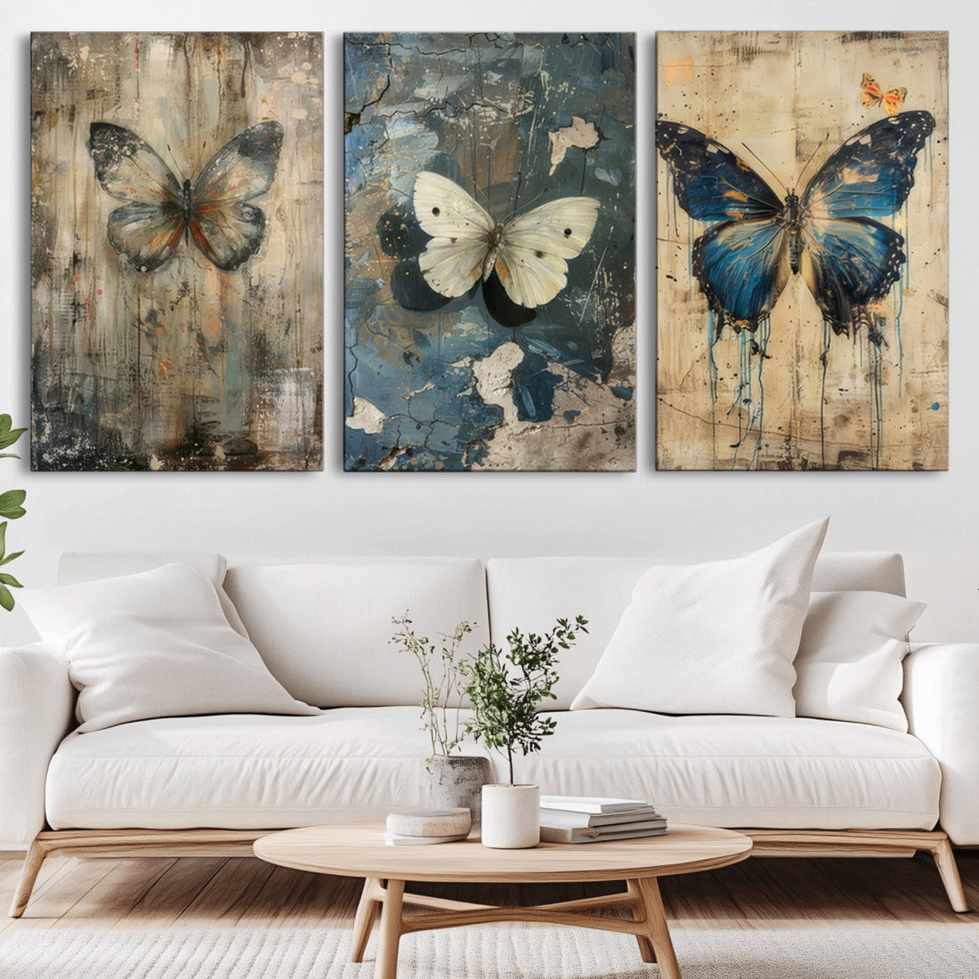 Butterfly Wall Art Trio, Vintage Butterfly Canvas Print | Extra Large 3 Piece Canvas Wall Art
