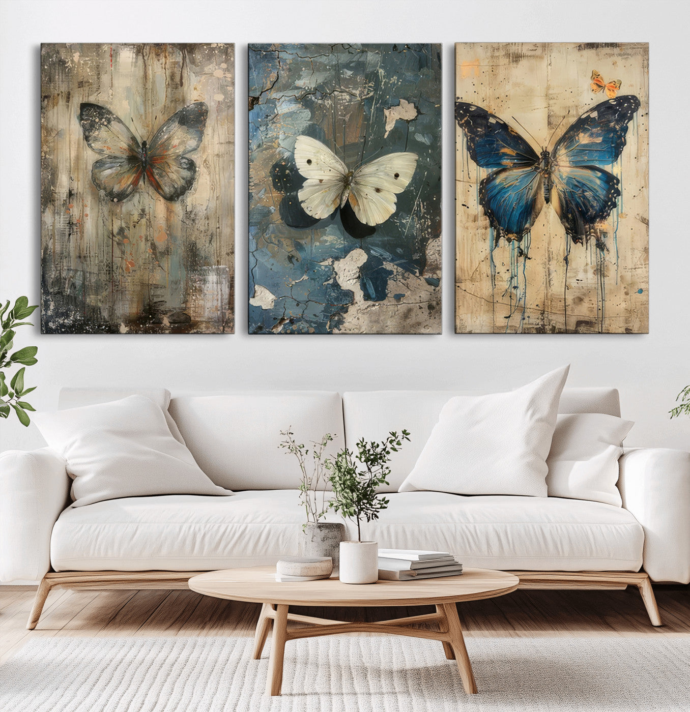 MGV-CV-60X30-3P - Butterfly Wall Art Trio | Vintage Butterfly Canvas Print | Ready to Hang Framed Artwork for