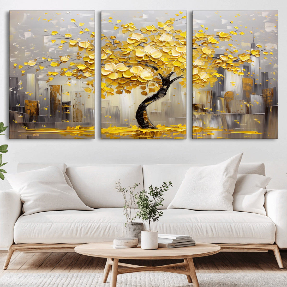 Golden Tree Canvas Print, Abstract Wall Art for Modern Homes | Extra Large 3 Piece Canvas Wall Art