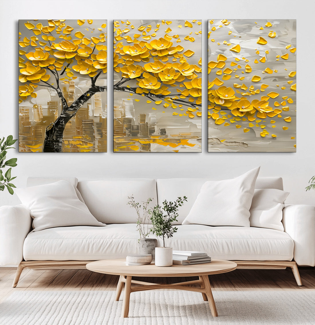 Yellow Blossom Tree Canvas Wall Art, Floral Abstract Modern Art | Extra Large 3 Piece Canvas Wall Art