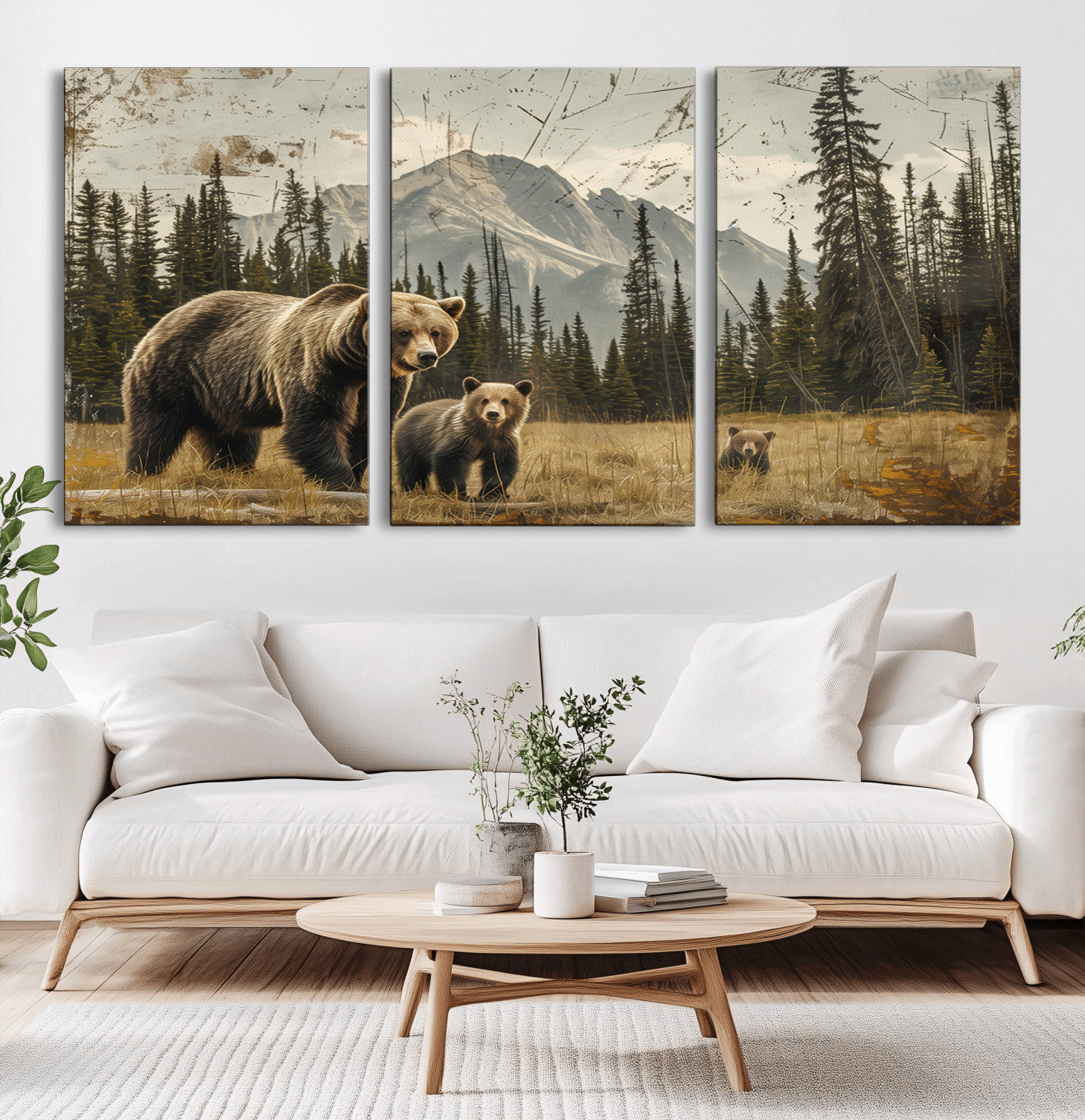 MGV-CV-60X30-3P - Rustic Grizzly 399 Bear Family Wall Art Canvas Print