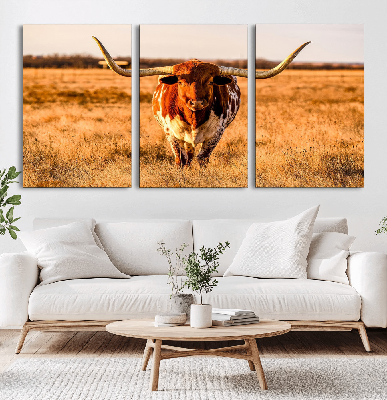 MGV-CV-60X30-3P - Longhorn Cow Wall Art | Ready to Hang Framed Canvas Print for Farmhouse and Barn Decor