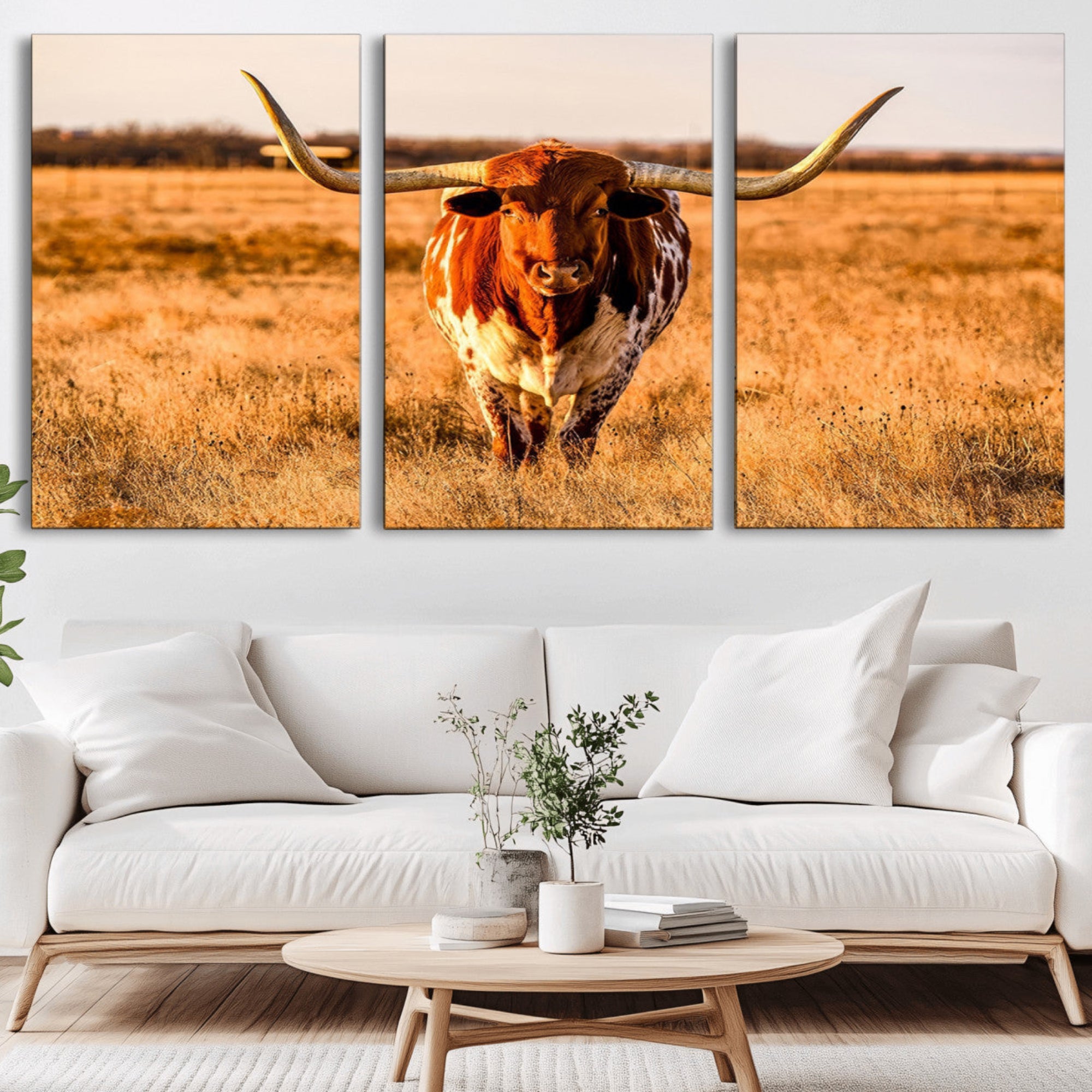 57874-MGV-CV-36X24-Longhorn Cow Wall Art | Ready to Hang Framed Canvas Print for Farmhouse and Barn Decor