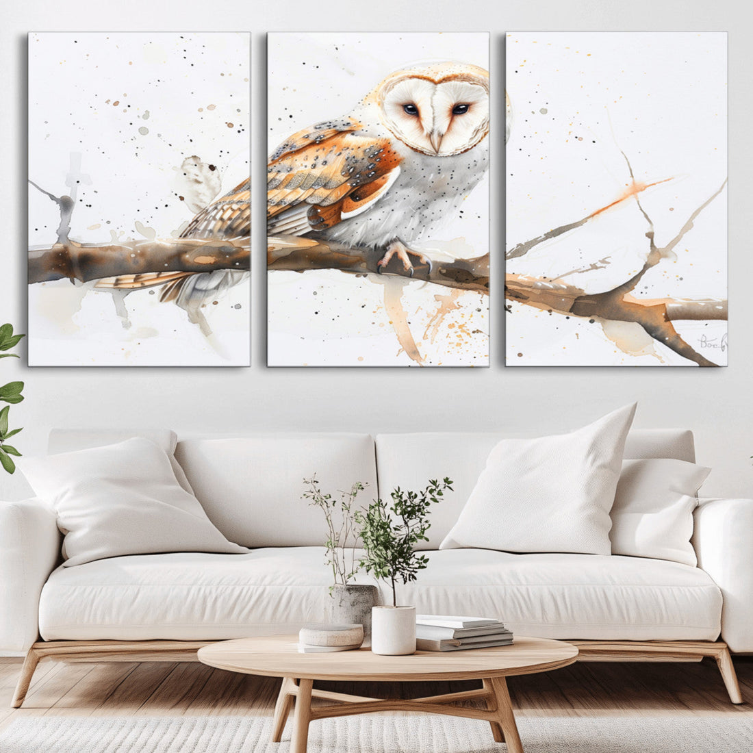 Barn Owl Wall Art on Branch, Canvas Print for Nature Lovers | Extra Large 3 Piece Canvas Wall Art