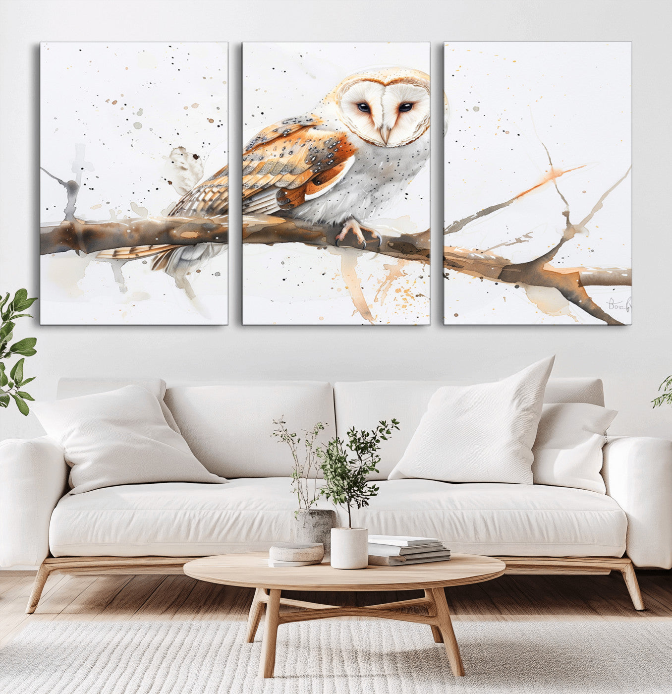 MGV-CV-60X30-3P - Barn Owl Wall Art on Branch | Stunning Canvas Print for Nature Lovers | Ready to Hang and Framed