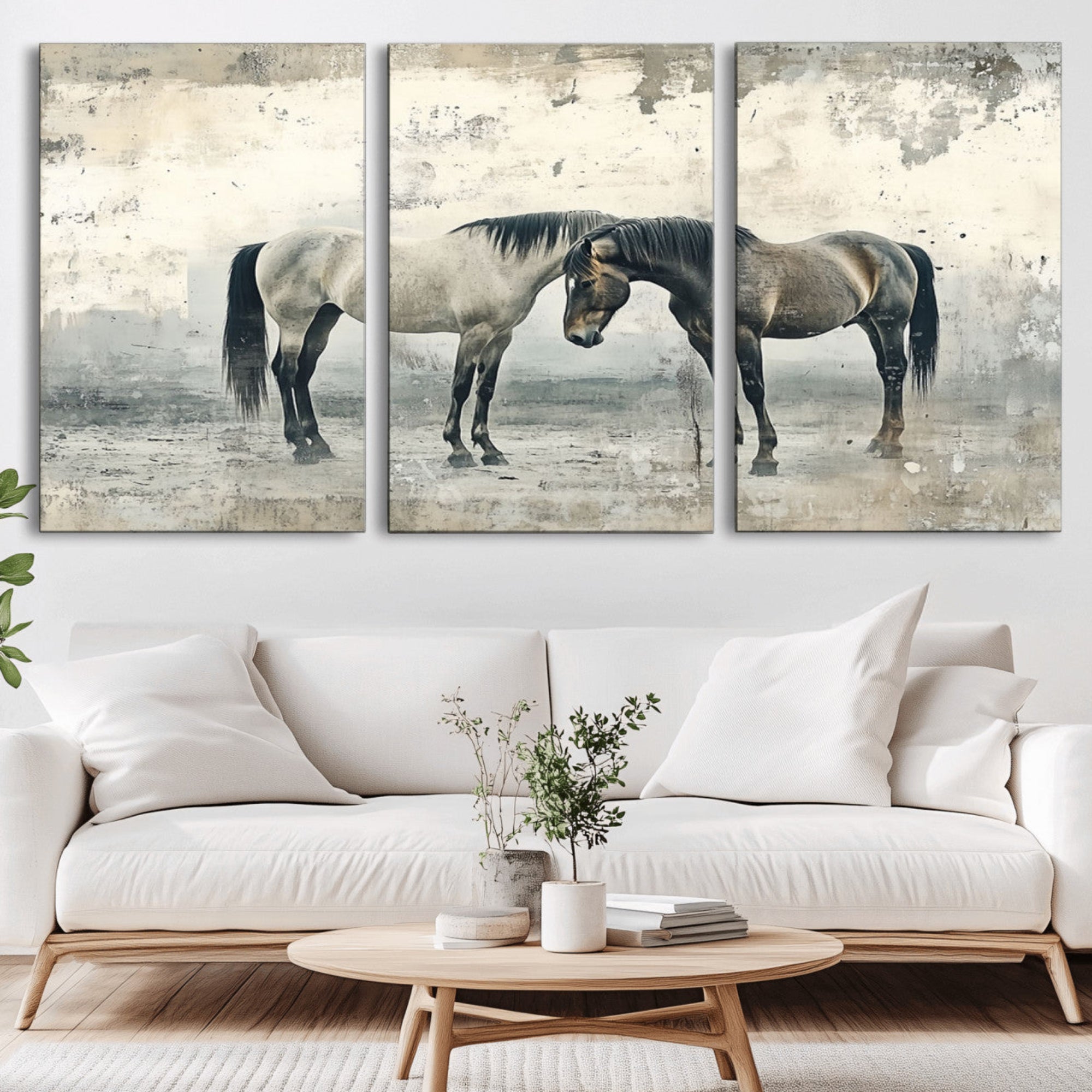 33288-MGV-CV-36X24-Chines Style Majestic Horses Wall Art | Ready to Hang and Framed Triptych Print | Western Farmhouse