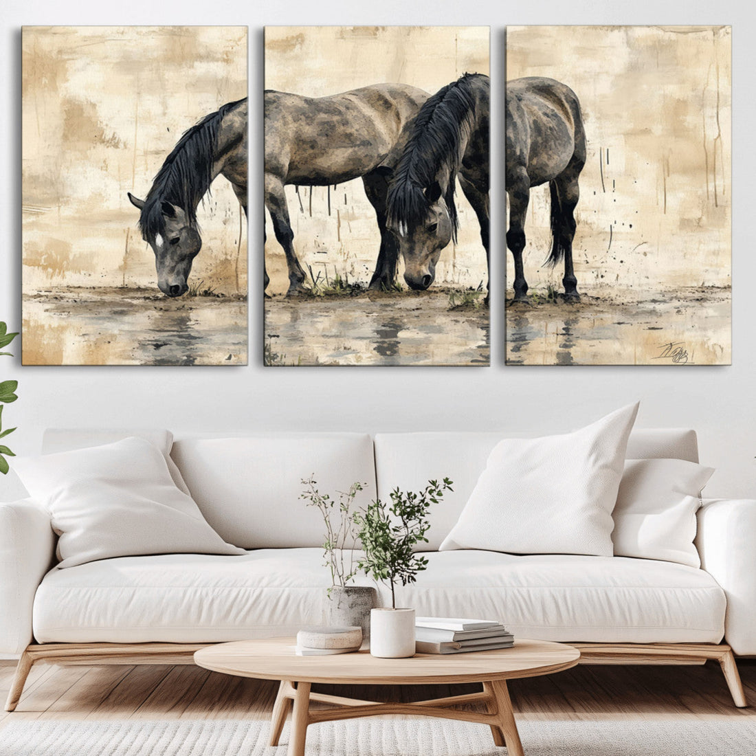 Chinese Style Abstract Black Horses Wall Art Canvas Print