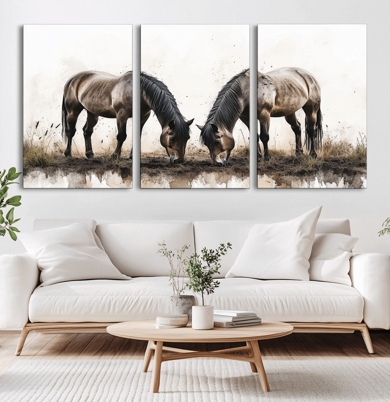 MGV-CV-60X30-3P - Chines Ink Style Horses Wall Art Canvas Print