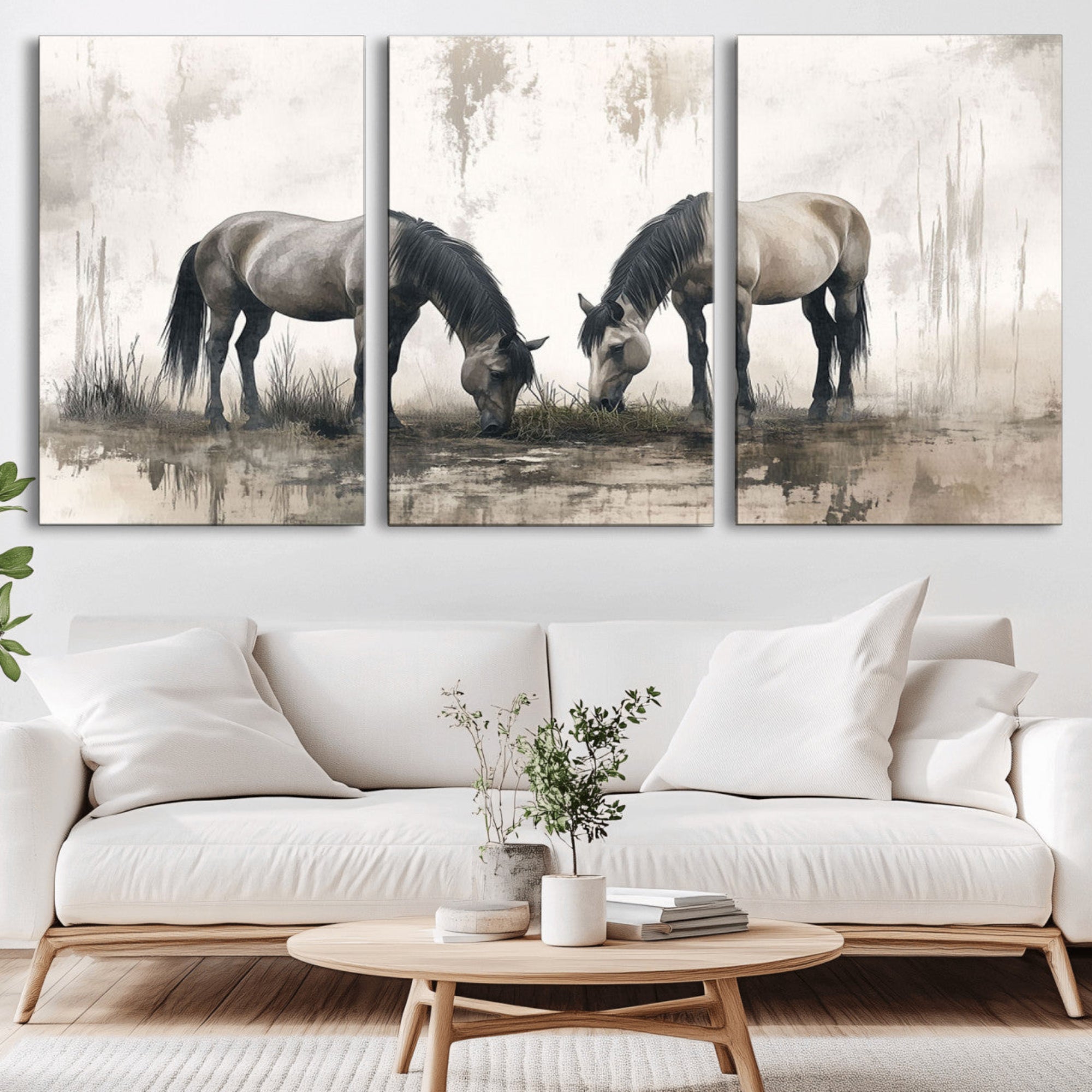35494-MGV-CV-36X24-Chines Ink Style Vintage Horses Wall Art Canvas Print for Farmhouse Wall Decor