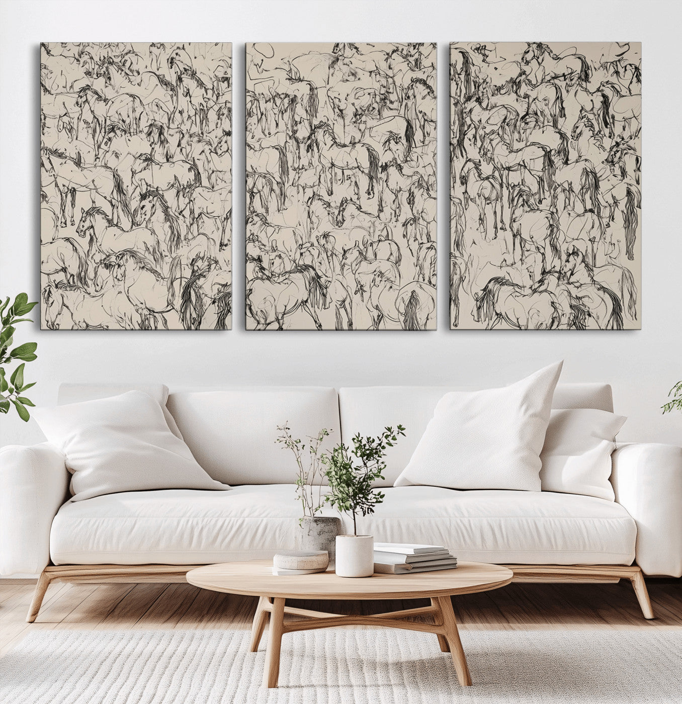 MGV-CV-60X30-3P - Abstract Horse Sketch Wall Art | Ready to Hang and Framed | Farmhouse Wall Decor for Living Room or