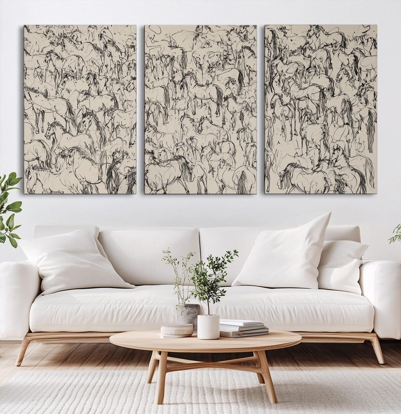 MGV-CV-60X30-3P - Abstract Horse Sketch Wall Art | Ready to Hang and Framed | Farmhouse Wall Decor for Living Room or