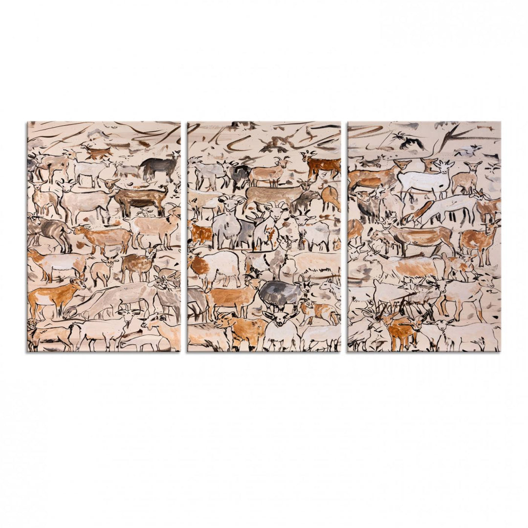 Framed Goat Herd Wall Art in minimal brush strokes on a beige backdrop, ideal for farmhouse or cabin decor.