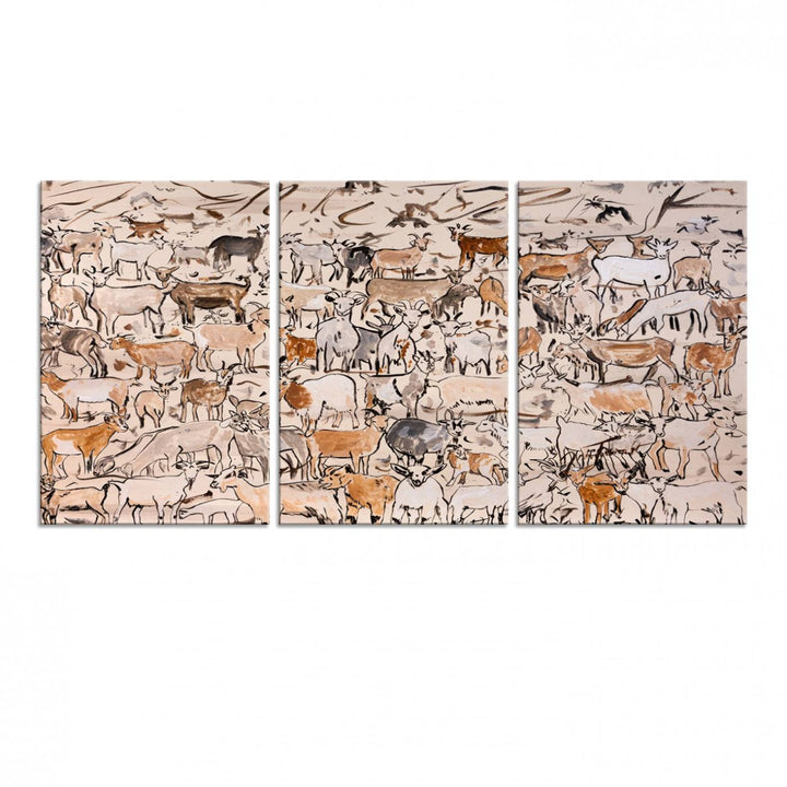 Framed Goat Herd Wall Art in minimal brush strokes on a beige backdrop, ideal for farmhouse or cabin decor.