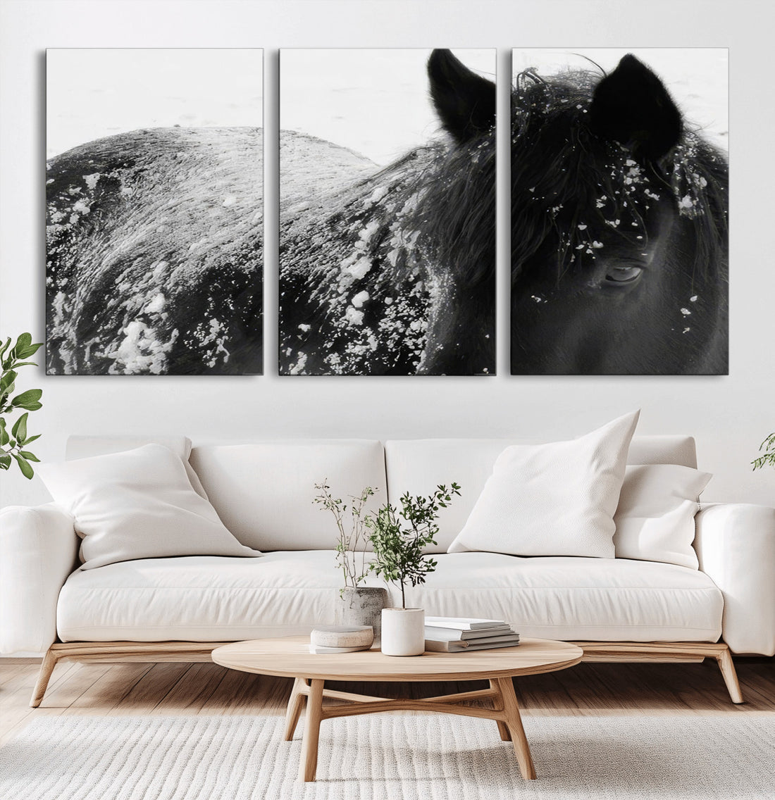 Black Horse in Snow Canvas Print, Winter Horse Wall Art