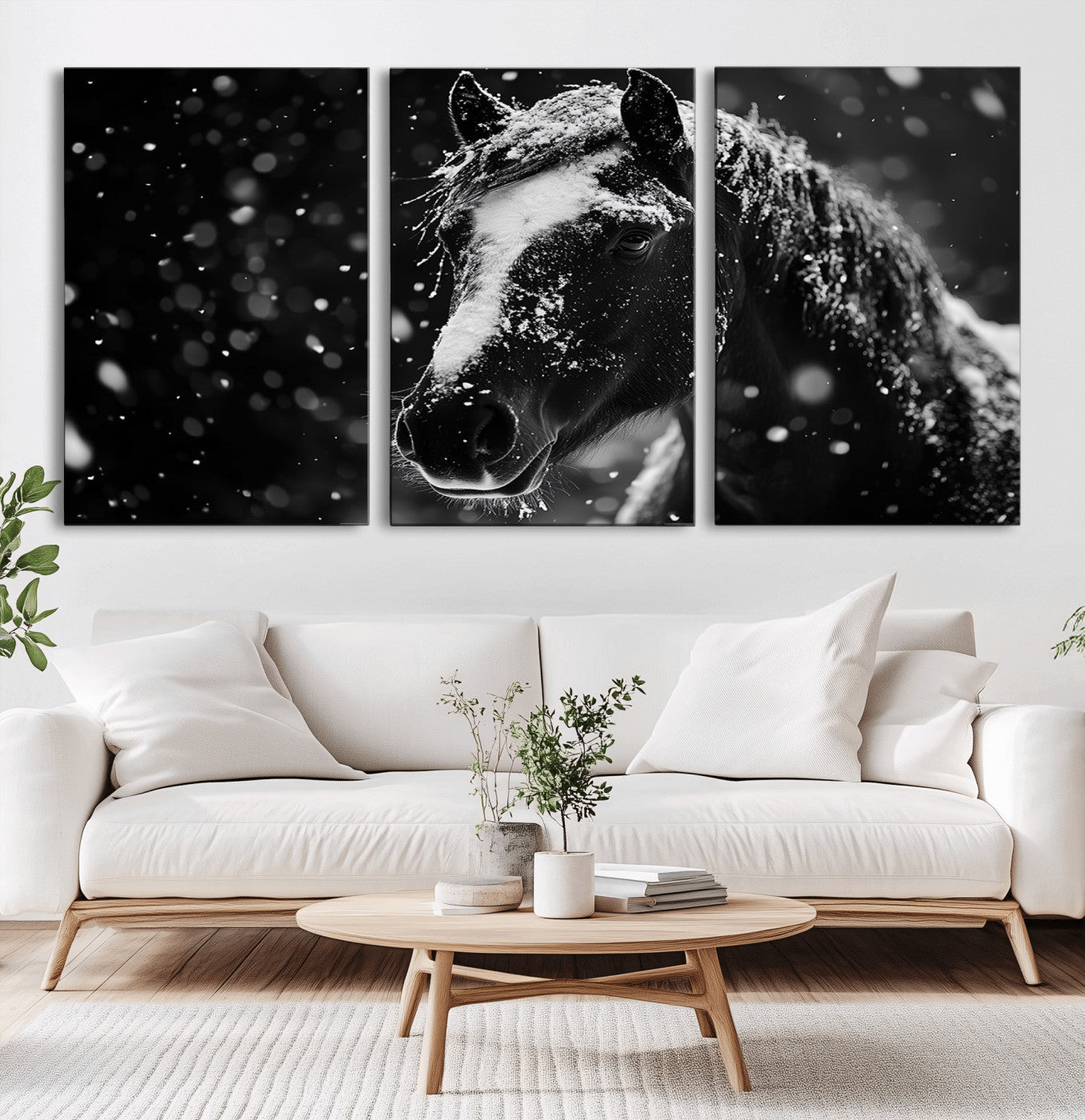 MGV-CV-60X30-3P - Winter Horse Wall Art | Black and White Horse Print | Ready to Hang and Framed | Farmhouse Wall Art
