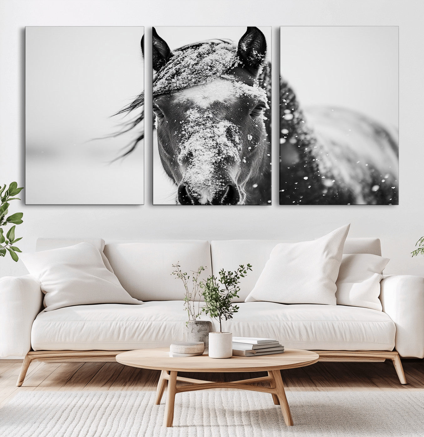 MGV-CV-60X30-3P - Western Wall Art | Black and White Winter Horse Wall Art | Ready to Hang and Framed | Farmhouse and