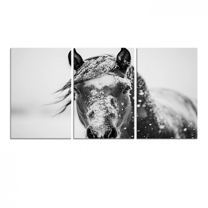 This black and white winter horse wall art enhances any decor; it is ready to hang and framed for a farmhouse or Western style.