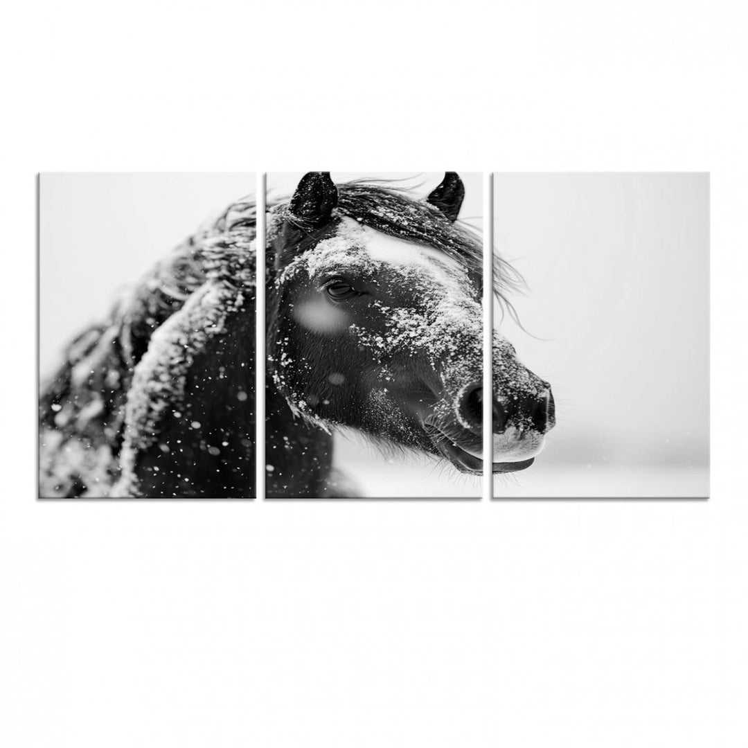 A large 3-panel rustic farmhouse wall art showcases a black and white winter horse canvas print against a snowy backdrop.