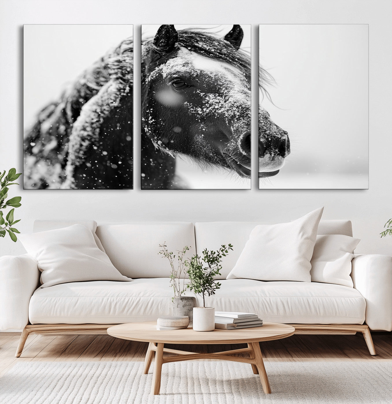 MGV-CV-60X30-3P - Winter Horse Canvas Print | Large 3-Panel Black White Equine Photography for Rustic Farmhouse Wall