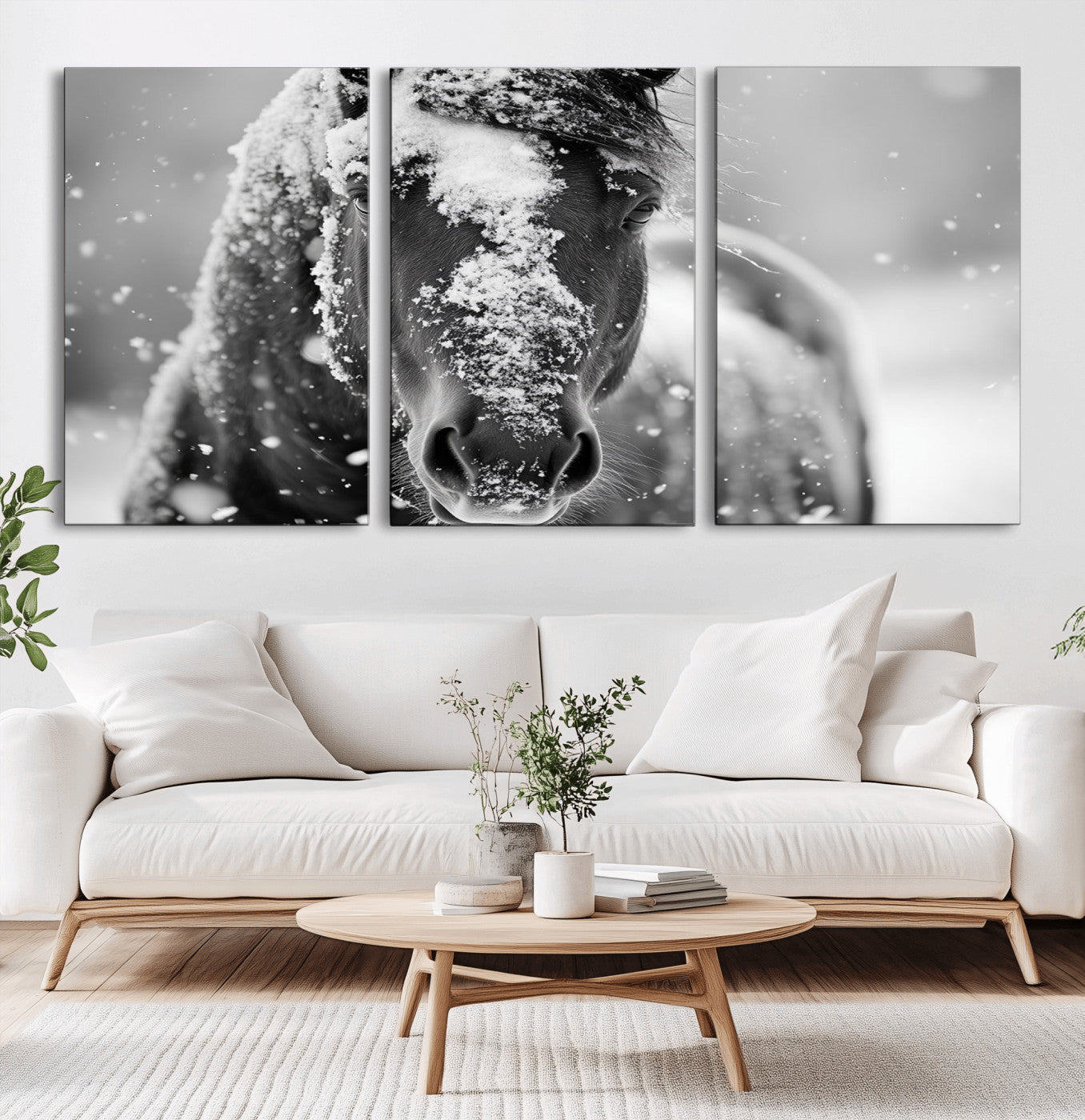 MGV-CV-60X30-3P - Black and White Horse Winter Wall Art | Ready to Hang and Framed | Farmhouse Wall Decor | Western