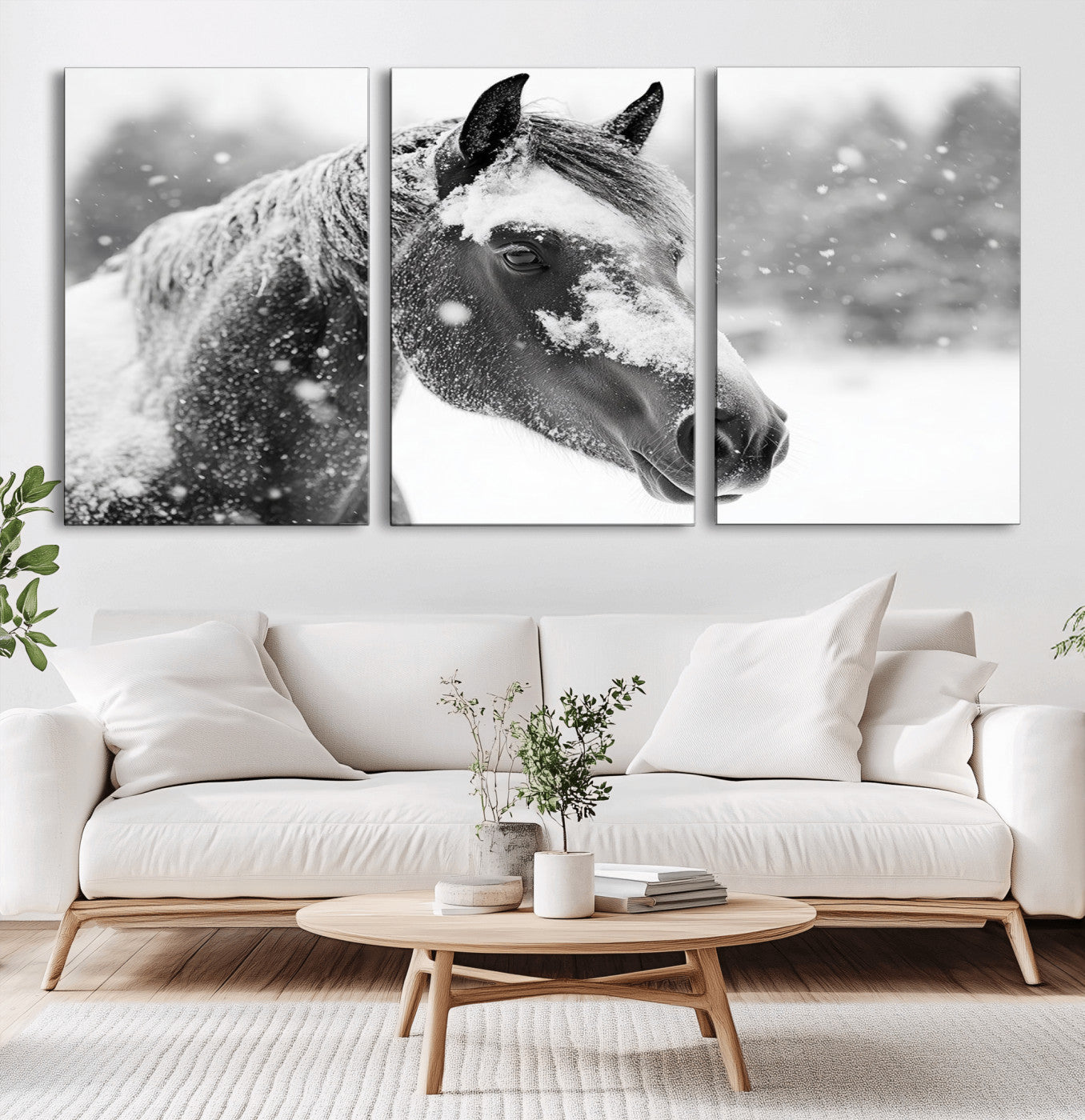 MGV-CV-60X30-3P - Black Horse Winter Wall Art | Ready to Hang and Framed | Farmhouse and Western Wall Decor for Living