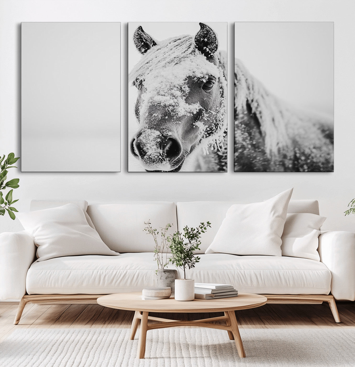 MGV-CV-60X30-3P - White Horse Wall Art | Ready to Hang and Framed | Winter Horse Wall Art Print for Farmhouse and