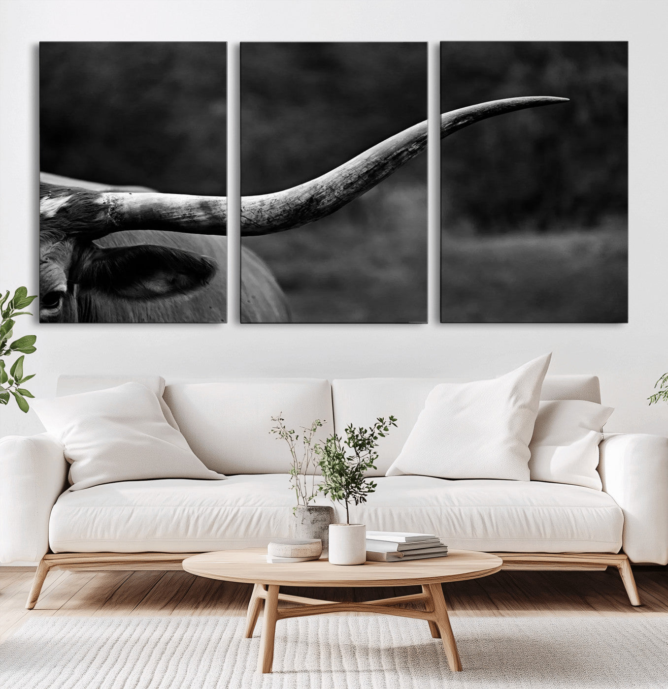MGV-CV-60X30-3P - Cow Longhorn Wall Art | Black and White Print | Ready to Hang and Framed | Farmhouse Wall Decor |