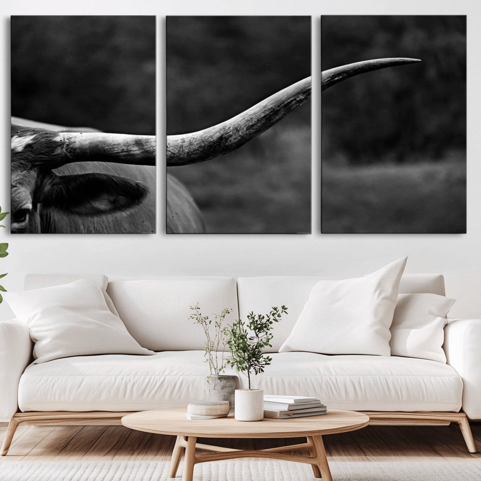 96654-MGV-CV-36X24-Cow Longhorn Wall Art | Black and White Print | Ready to Hang and Framed | Farmhouse Wall Decor |