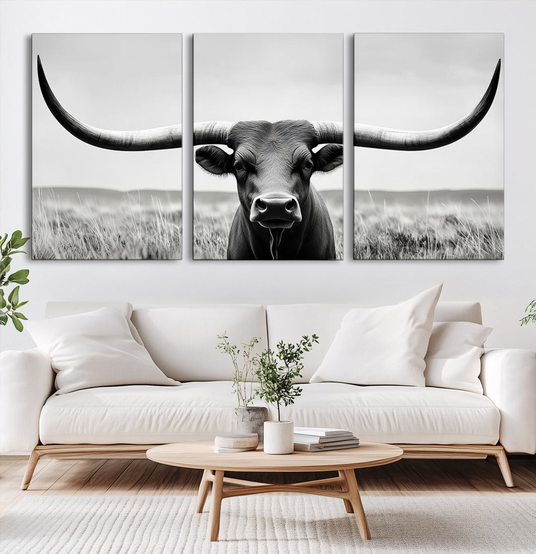 Longhorn Bull Canvas Print | Rustic Farmhouse Wall Art | Western Decor | Ready to Hang and Framed for Rustic Barn or Cabin Wall Art
