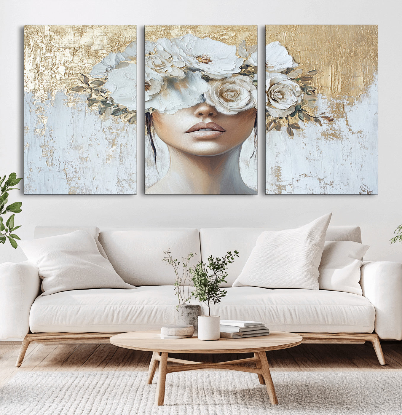 MGV-CV-60X30-3P - Golden Petal Wall Art - Canvas Print Flower Head Woman Painting Floral Woman Portrait Wall Decor,