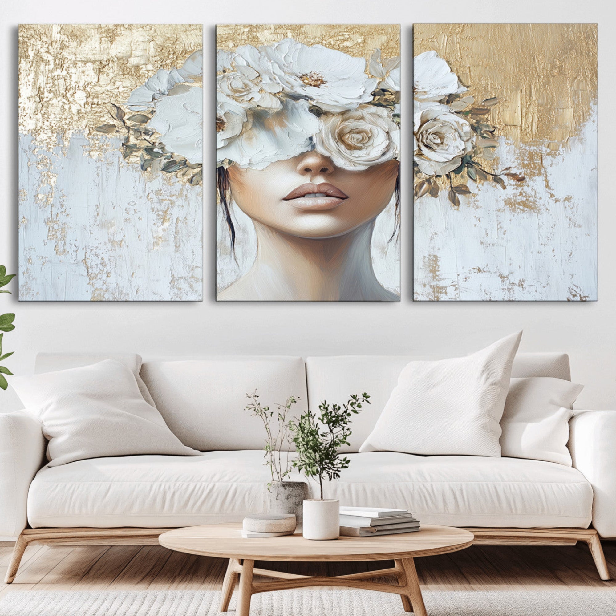 38498-MGV-CV-36X24-Golden Petal Wall Art - Canvas Print Flower Head Woman Painting Floral Woman Portrait Wall Decor,