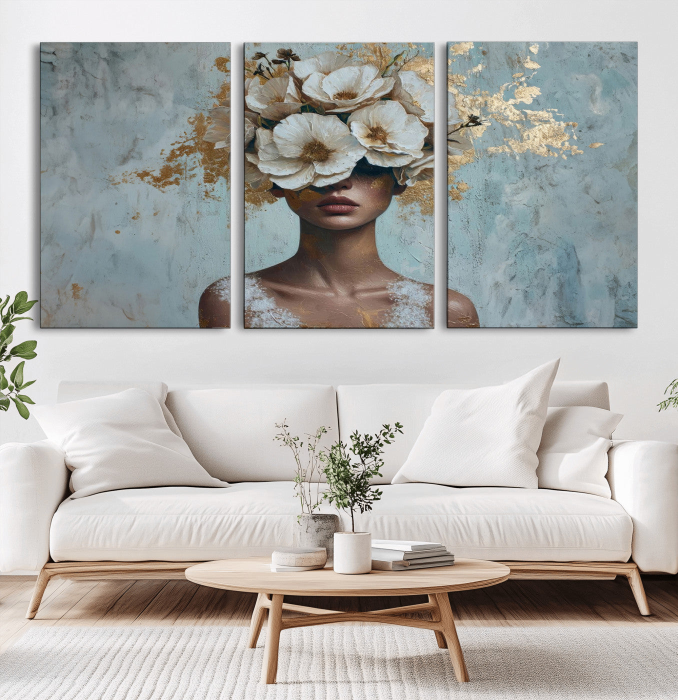 MGV-CV-60X30-3P - Golden Petal Wall Art - Petal Silhouette Woman Wall Art Canvas Print | Large 3-Panel Canvas with