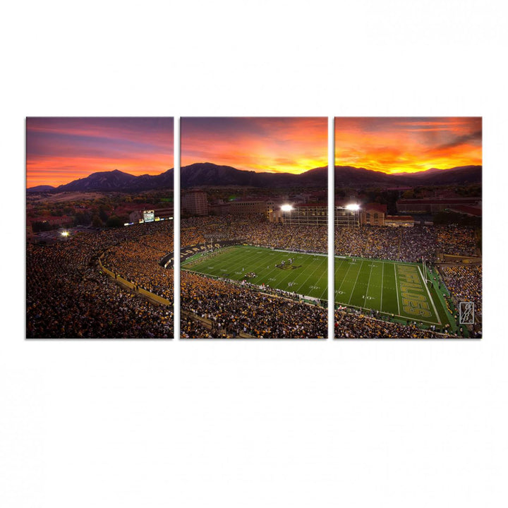 A vibrant mountain sunset at Folsom Field, home of the University of Colorado Football team, is captured in this stunning wall art canvas print.