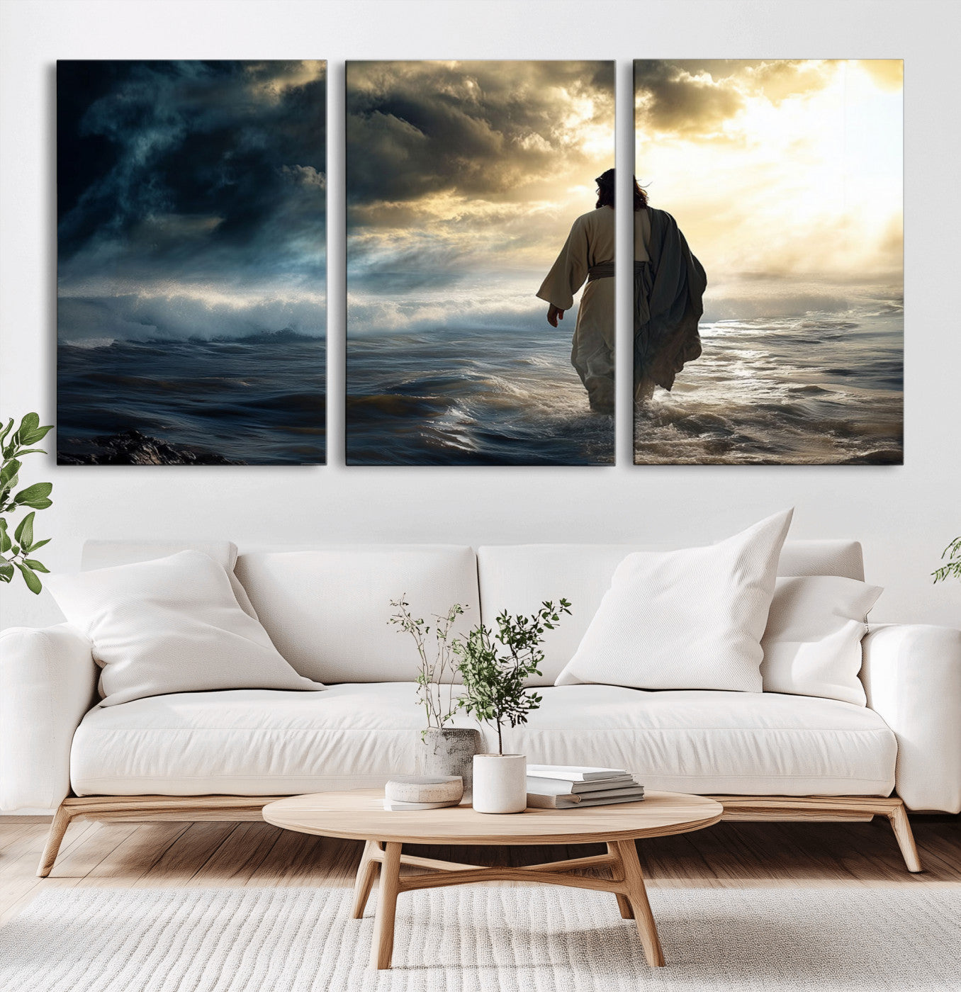 MGV-CV-60X30-3P - Jesus Walking on Water Wall Art | Canvas Print | Ready to Hang | Christian Home Decor | Spiritual