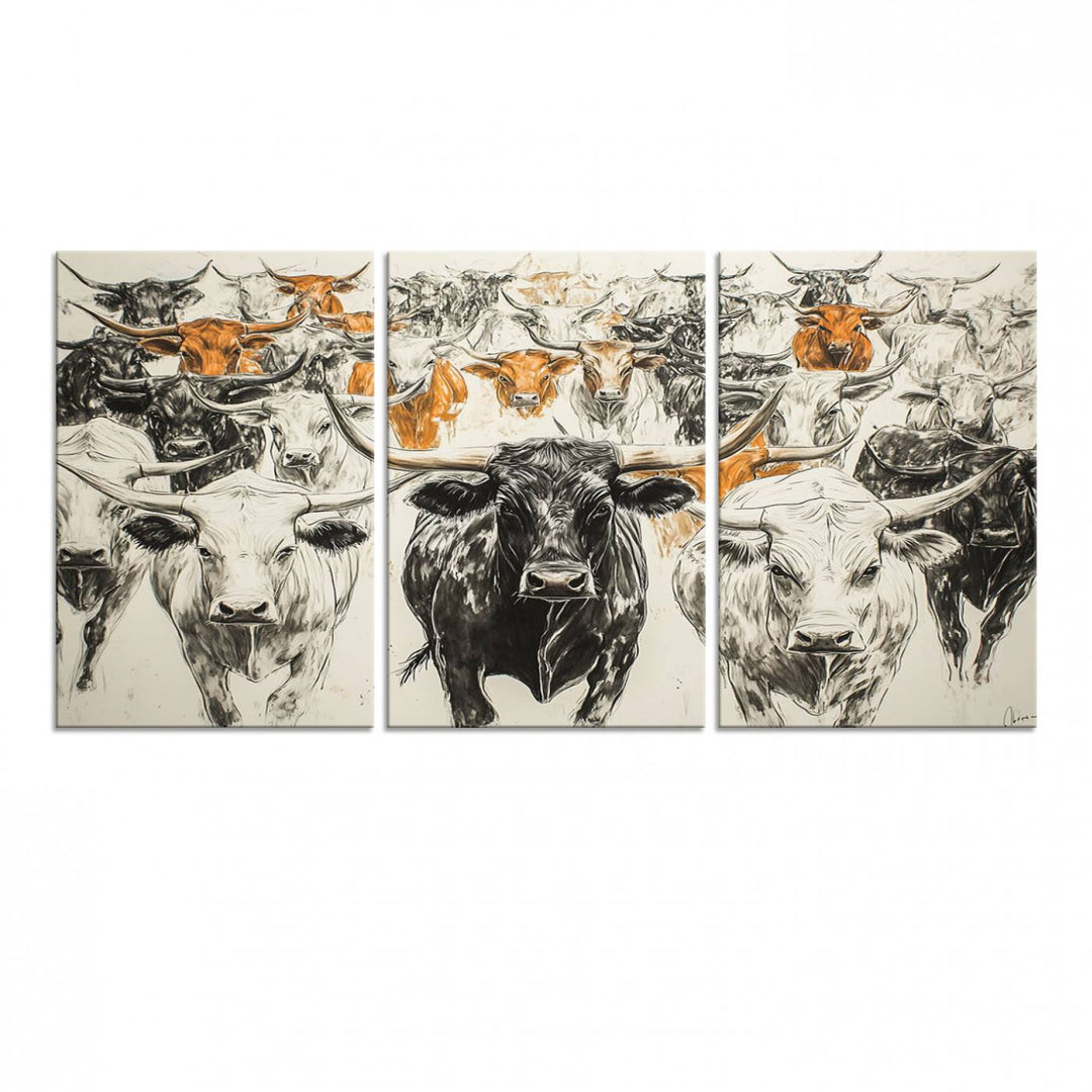 Texas Longhorn Wall Art canvas features cattle artwork with an abstract design, perfect for farmhouse decor on a porch.