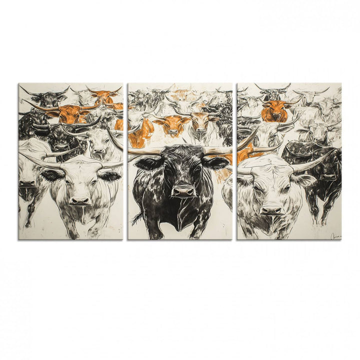 Texas Longhorn Wall Art canvas features cattle artwork with an abstract design, perfect for farmhouse decor on a porch.