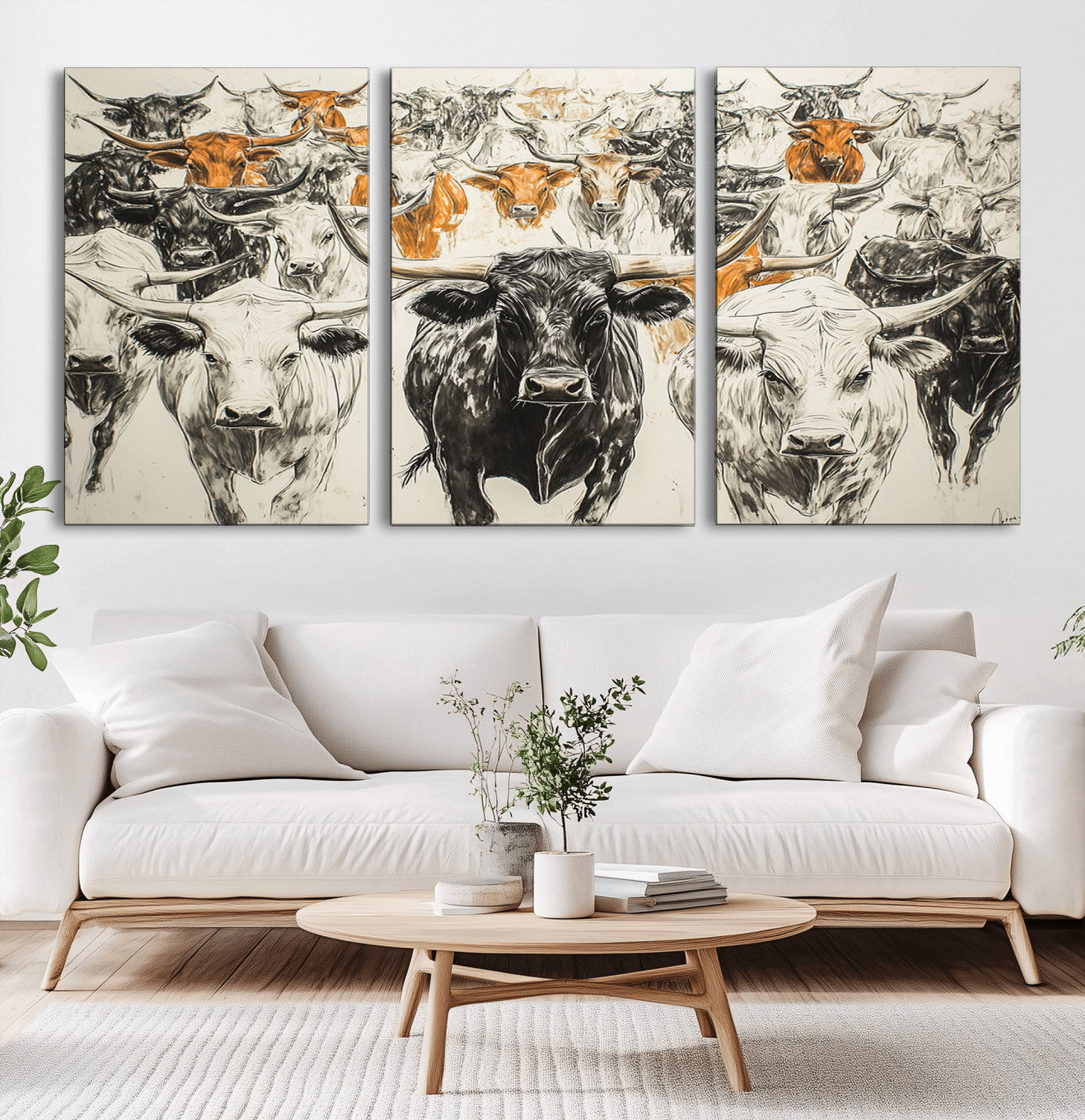 MGV-CV-60X30-3P - Farmhouse Wall Art | Western Longhorn Cattle Canvas Print | Ready to Hang and Framed Barn Decor
