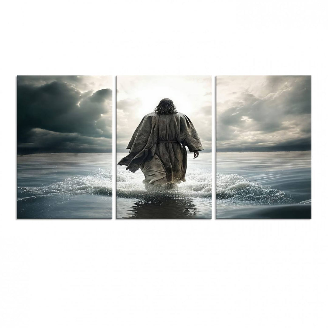 A canvas wall art depicting a figure walking on water beneath dramatic clouds, designed as inspirational religious imagery and ready to hang.